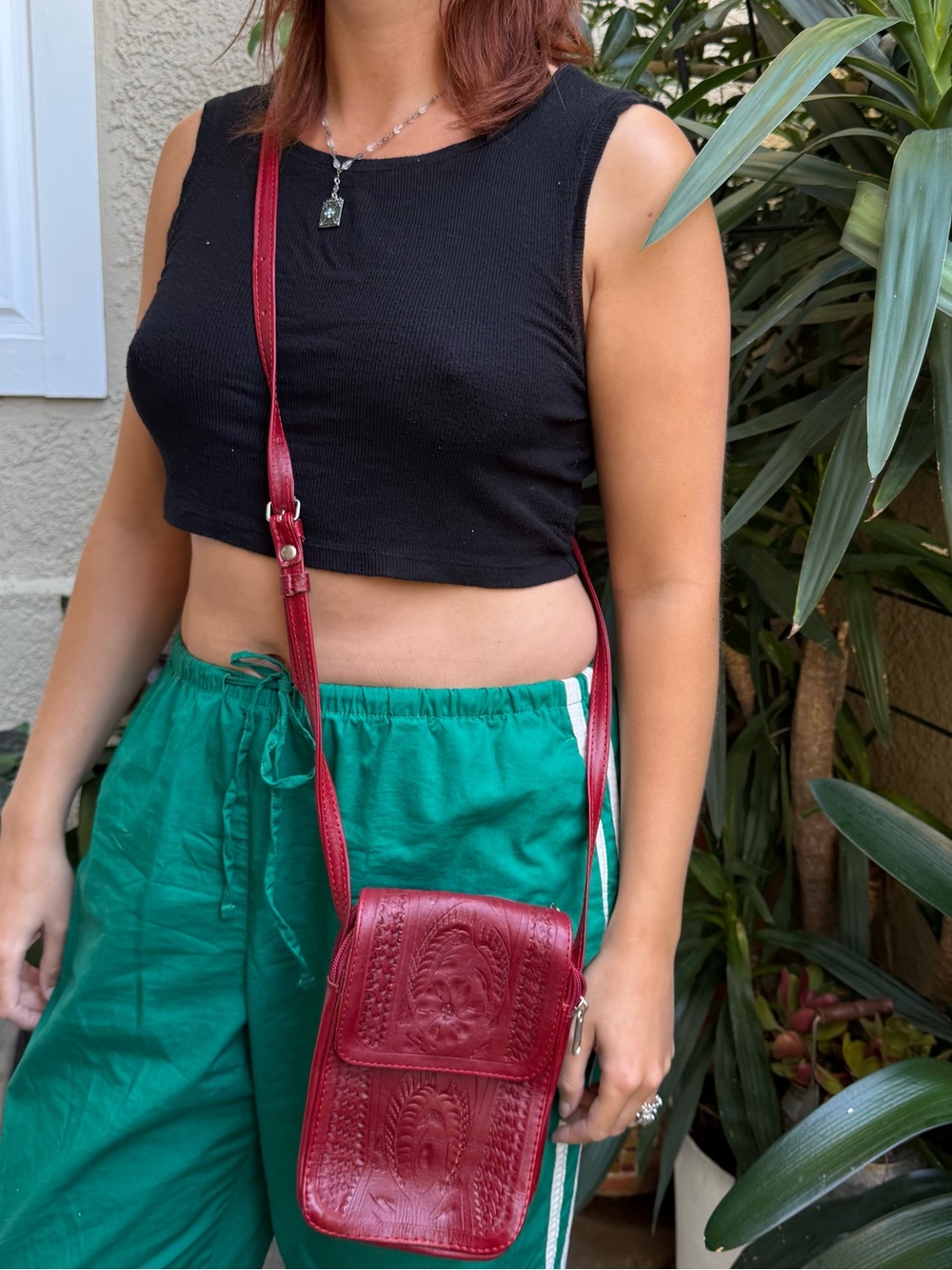 Vintage Dark Red Embossed Genuine Leather Crossbody Bag with Silver Hardware